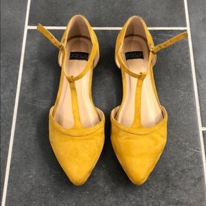 Velvet mustard t strap flats